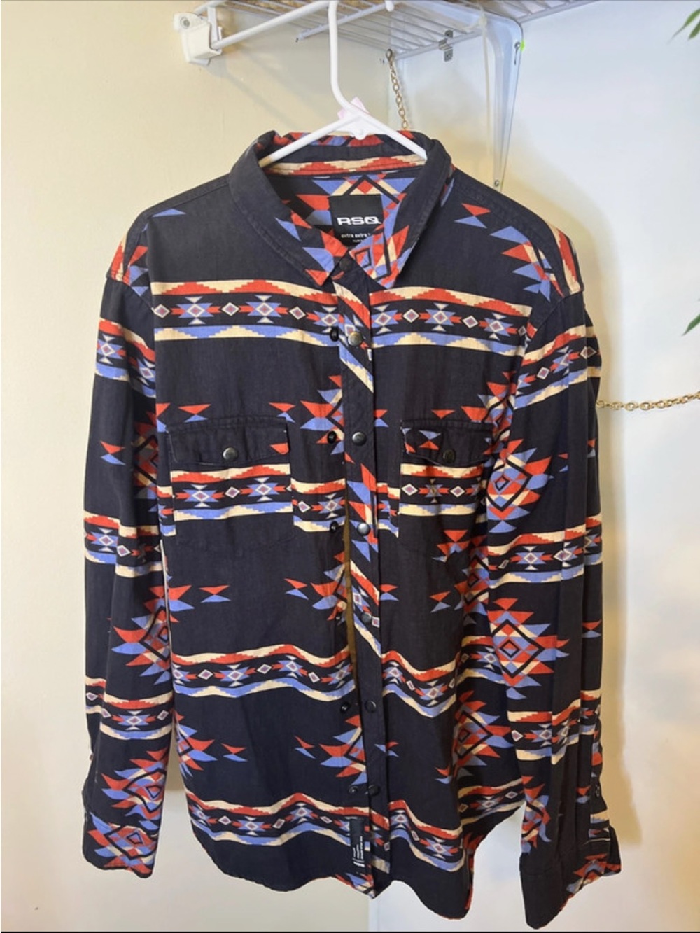 RSQ Men’s Navy Aztec-Pattern Button Shirt Jacket